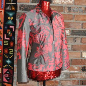 New Betty Barclay Grey & Red Tailored Zip-up Botanical Floral Jacket 34 S